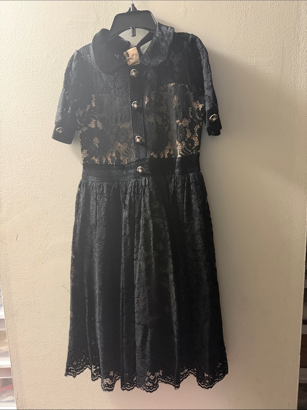 Girls' Black Lace Formal Dress with Pearl Buttons